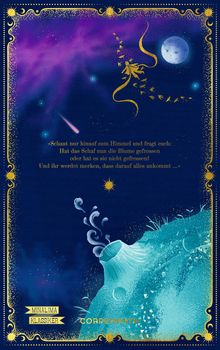 „Schaut nur hinauf zum Himmel und fragt euch: Hat das Schaf nun die Blume gefressen oder hat es sie nicht gefressen?“
Illustration: blauer Nachthimmel mit Mond, Sternen und Komet. Ein gelber Vogel fliegt nach oben, ein Vulkan im Vordergrund.