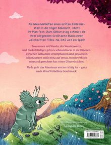 Ein Dinosaurier mit einem fröhlichen Gesicht sitzt in einer bunten, fantasievollen Landschaft mit Vulkanen und Pflanzen.
