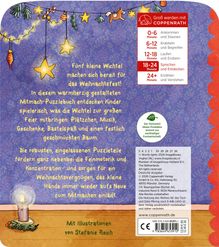 Fünf kleine Wichtel machen sich bereit für das Weihnachtsfest! Illustration mit Kerze, Tannenzweigen und Sternen.