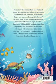 Text beschreibt ein Abenteuer von Nelli und Floh mit einem Superbus. Illustrationen von Meereslebewesen, Korallen und Fischen.