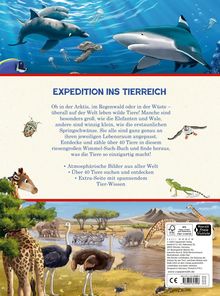 "EXPEDITION INS TIERREICH" beschreibt Tiere in verschiedenen Lebensräumen. Illustrationen von Tieren im Wasser und an Land.