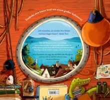 Entdecke eine kleine Insel mit einem großen Geheimnis! Bild: Bullaugenaussicht auf eine Insel, Bücher, Spielzeug.