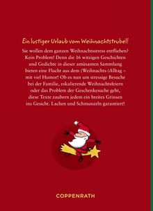 „Ein lustiger Urlaub vom Weihnachtstrubel!“ Text über humorvolle Weihnachtsgeschichten auf rotem Hintergrund. Ein Santa-Logo.