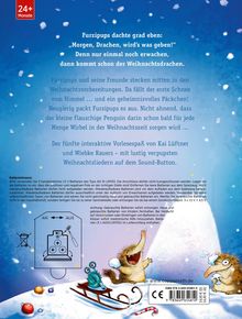 Ein Text beschreibt das Buch "Furzipups", das Weihnachtsvorbereitungen mit Freunden und lustigen Geräuschen thematisiert. Eine Illustration zeigt einen fröhlichen Igel auf einem Schlitten mit einem Pinguin im Hintergrund. Sterne und Schneeflocken dekorieren den blauen Himmel. Ein Batteriefach ist abgebildet.