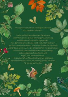 Text über Fabeln, umrahmt von bunten Blättern, Eicheln, einer Eichel und einem roten Eichhörnchen auf grünem Hintergrund.