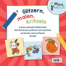 "Glitzern, malen, kritzeln" mit buntem Stift und Illustrationen: Katze, Raupe auf Beeren, Orange. Logo oben rechts.