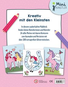 "Kreativ mit den Kleinsten", Malblock mit Einhörnern und Hufeisen. Warnung: Erstickungsgefahr durch Kleinteile.