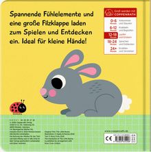 "Spannende Fühlelemente... zum Spielen und Entdecken... Ideal für kleine Hände!" Illustration eines Hasen mit Marienkäfer.