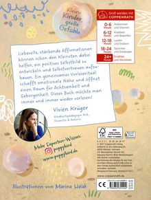 "Kleine Kinder, große Gefühle." Altersangaben 0-24+ Monate. Zitat von Vivien Krüger zu Affirmationen und Vorleseritualen.