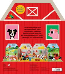 Aufstellen, Einrichten, Spielen! Dieses Buch verwandelt sich in einen bunten Bauernhof. Illustration eines roten Stalls.
