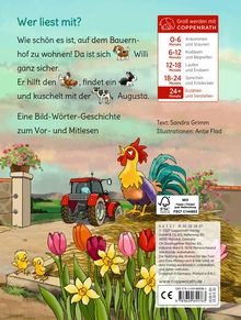 „Wer liest mit?“ Eine Geschichte über das Leben auf einem Bauernhof, illustriert. Ein Traktor, Blumen, Hühner und ein Hahn.