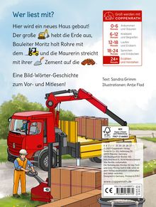 „Wer liest mit? Hier wird ein neues Haus gebaut! Der große Bagger hebt die Erde aus. Eine Bild-Wörter-Geschichte.“ Illustration zeigt Bauarbeit.