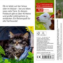 Text über Tiere entdecken. Logo "Groß werden mit Coppenrath" 18-24 Monate. Foto: schlafende Katze neben Blume.