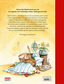 Der Text erzählt von einem kranken Häschen, das zu Ostern wieder gesund wird. Illustration eines Hasen im Bett mit Buch.