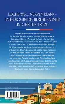 Titel: "Leiche weg, Nerven blank – Pathologin Dr. Berthe Saunier und ihr erster Fall".  
Illustration einer Küstenstadt.