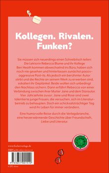 Text: Kollegen. Rivalen. Funken? Beschreibung: Eine humorvolle Geschichte über Freundschaft und Literatur. Rote und rosa Farbgebung mit Pflanze.
