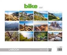 "bike 2027" in grüner Schrift, darunter zwölf Naturfotos mit Radfahrern in verschiedenen Landschaften. Logo "LAROON".