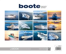 "boote 2027" oben. Zwölf Fotos mit verschiedenen Booten auf offenem Wasser, bei Sonnenauf- und -untergang.