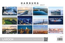 "Hamburg aus den Wolken 2027." Zwölf Fotos zeigen Hamburg aus der Luft. Unten: "LAR00N Fotokunst für zuhause."