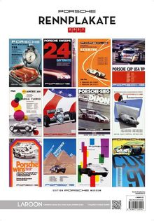 Text oben: "PORSCHE RENNPLAKATE 2024". 
Eine Sammlung von zwölf Rennplakaten, verschiedene Designs.