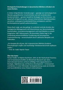 Das Bild zeigt einen Buchrückentext auf einem grünen Hintergrund mit dem Titel: "Strategische Entscheidungen in dynamischen Märkten erfordern ein neues Denken." Ein Zitat von Prof. Dr. Rajnish Tiwari spricht von einem "Kompass" für fundierte Entscheidungen. Unten steht "Über den Autor" mit Details zu Florian Fiedler. Es gibt einen Barcode und die ISBN 978-3-68952-497-5.