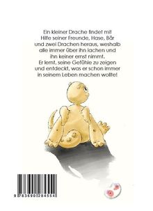 Ein kleiner Drache lernt, Gefühle zu zeigen. Illustration eines sitzenden Drachen mit Barcode unten.