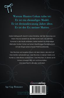 Text: "Warum Hunter Cohan tabu ist: Er ist ein ehemaliges Model. Er ist dreiundzwanzig Jahre älter. Er ist der Ex meiner Mutter." Das Design hat ein stilisiertes Schleifenmuster.