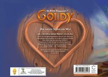 Text: „Die kleine Sternflocke Goldy – Der größte Schatz der Welt”. Illustration: Herz in Holzmaserung, blauer Hintergrund.