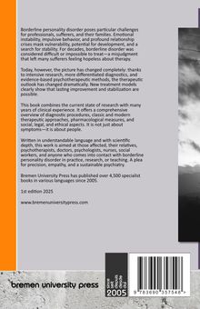 Text über Borderline-Persönlichkeitsstörung und therapeutische Fortschritte. "1st edition 2025", "bremen university press". Links orange.