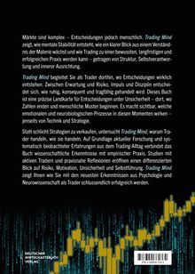 Ein Text beschreibt das Buch "Trading Mind". Es zeigt Tradern Entscheidungen, mentale Stabilität und psychologische Erkenntnisse. Unten ist ein Diagramm mit orangefarbenen Balken vor blauen Zahlen. Links steht "DEUTSCHER WIRTSCHAFTSBUCH VERLAG".