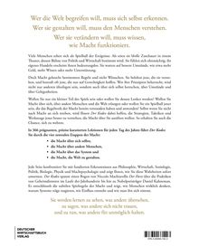 Oben steht: 

"Wer die Welt begreifen will, muss sich selbst erkennen. 
Wer sie gestalten will, muss den Menschen verstehen. 
Wer sie verändern will, muss wissen, wie Macht funktioniert."

Darunter:

"In 366 prägnanten, präzise kuratierten Lektionen für jeden Tag des Jahres führt Der Kodex durch die vier zentralen Etappen der Macht: 
die Macht über sich selbst, 
die Macht über andere Menschen, 
die Macht über das System und 
die Macht, die Welt zu gestalten."

Am Ende stehen dicht gedrängt zwei Absätze, eins davon enthält den Verlagsnamen und das andere ist der Barcode-Bereich.

Der Hintergrund ist weiß, und der Text ist in einer klaren, gut lesbaren Schrift gehalten.