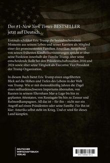 Der Text beschreibt einen Bestseller von Eric Trump auf Deutsch, thematisiert seine Rolle in der Trump-Familie und politische Ereignisse. Im Hintergrund ist die amerikanische Flagge erkennbar.