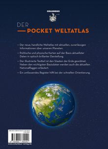 "Der Pocket Weltatlas". Beschreibungen zu Karten, Staaten, Flaggen und Orientierung. Erdansicht vor Sternenhimmel. Logo oben.