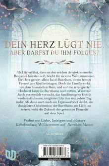 "DEIN HERZ LÜGT NIE. ABER DARFST DU IHM FOLGEN?" Text über einer großfenstrigen Szenerie mit dekorativen Elementen.