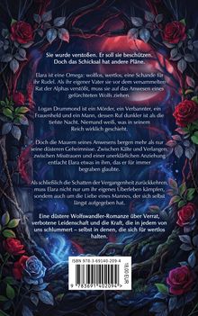Text über eine düstere Romanze, umrahmt von roten und blauen Rosen auf dunklem, fantasievollem Hintergrund.