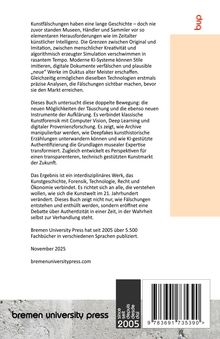 Text zu Kunstfälschungen und KI, mit Fokus auf Täuschung und Aufklärung. Hinweise auf Veröffentlichung bei Bremen University Press.