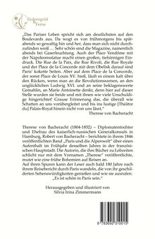 Text über Paris von Therese von Bacheracht auf einer Buchrückseite. Oben ein Logo "Zedern & Ferne".