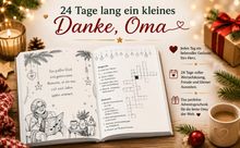 24 Tage lang ein kleines Danke, Oma. Ein offenes Buch mit Rätseln und Zeichnungen. Weihnachtliche Deko und Geschenke.
