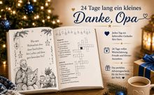 „24 Tage lang ein kleines Danke, Opa“. Ein Buch aufgeschlagen, links Illustration von einem Mann; rechts Text, Kreuzworträtsel.