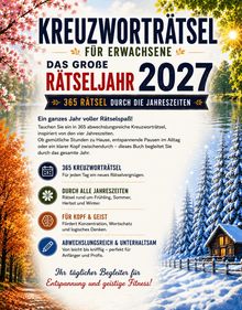 Titel: "Kreuzworträtsel für Erwachsene – Das große Rätseljahr 2027". Vier Jahreszeiten-Szenerien als Hintergrund.
