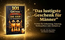 "Das lustigste Geschenk für Männer." Buchcover mit anthropomorphen Eiern in Sonnenbrillen auf einer Schaukel. Goldene Hintergrundlichter.