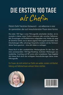 „DIE ERSTEN 100 TAGE als Chefin“: Beschreibung eines Buches zur Führung für Frauen, mit Foto einer lächelnden Frau.