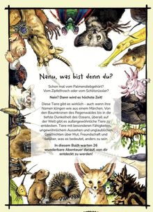 Illustration mit ungewöhnlichen Tieren, umrahmt von Text: "Nanu, was bist denn du?" Abenteuer mit 26 Tieren warten.