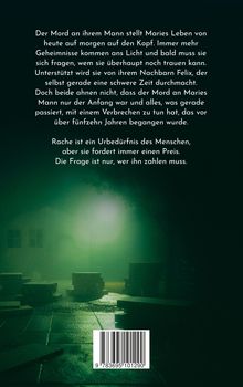 Text beschreibt einen Mord und Geheimnisse, gefolgt von einer düsteren, grünlich beleuchteten Szene mit einem Barcode.
