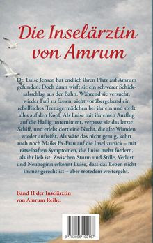 „Die Inselärztin von Amrum“ steht oben in roter Schrift. Darunter eine Zusammenfassung der Geschichte um Dr. Luise Jensen. Unten sind Sanddünen und drei fliegende Möwen.