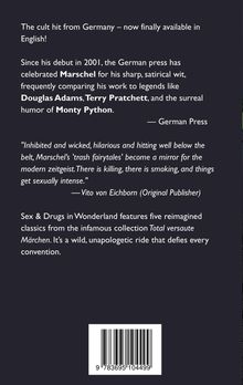 Der Text beschreibt ein Buch mit satirischem Humor, vergleicht Marschel mit Douglas Adams und Terry Pratchett.
