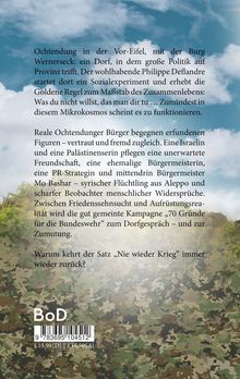 Text: Ochtendung in der Vor-Eifel, mit der Burg Wernerseck... Warum kehrt der Satz „Nie wieder Krieg“ immer wieder zurück? Hintergrund: Himmel und Wald.