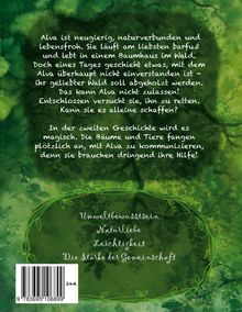 Ein grüner Hintergrund mit folgendem Text: Alva ist neugierig, naturverbunden und lebensfroh. Sie lebt im Wald. Umweltschutz und Gemeinschaft.