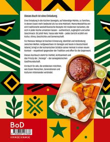 Text über senegalesische Küche, Tradition und Gastfreundschaft. Farbiges, afrikanisches Muster, Teller mit Reis und Gemüse.