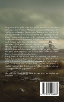Text beschreibt eine intrigante, konfliktreiche Handlung in einem Reich. Unten liegt eine Landschaft mit Äckern und Dörfern.